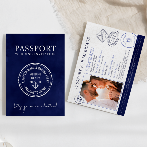 Navy Blue Travel Passport Destination Wedding Invitation