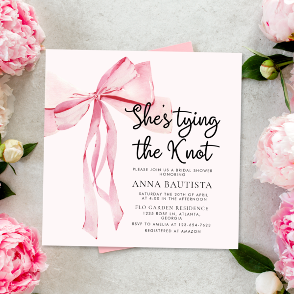 Elegant Pink Bow She Tying The Knot Bridal Shower Invitation - Image 2