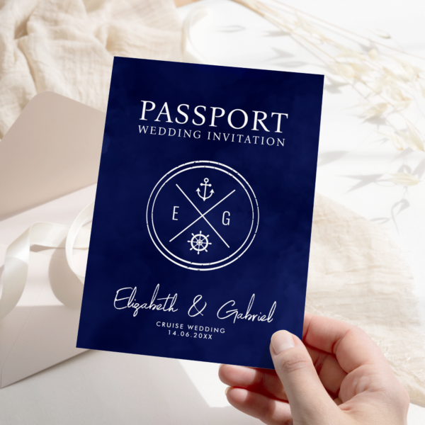 Navy Blue Cruise Passport Destination Wedding Invitation - Image 2