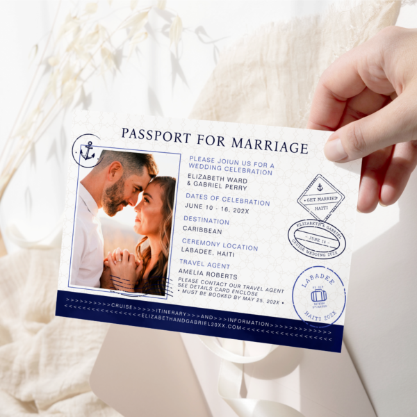 Navy Blue Cruise Passport Destination Wedding Invitation - Image 3