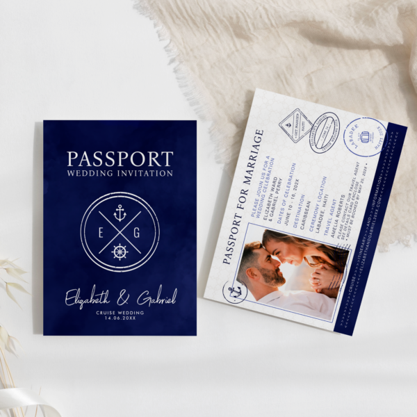 Navy Blue Cruise Passport Destination Wedding Invitation