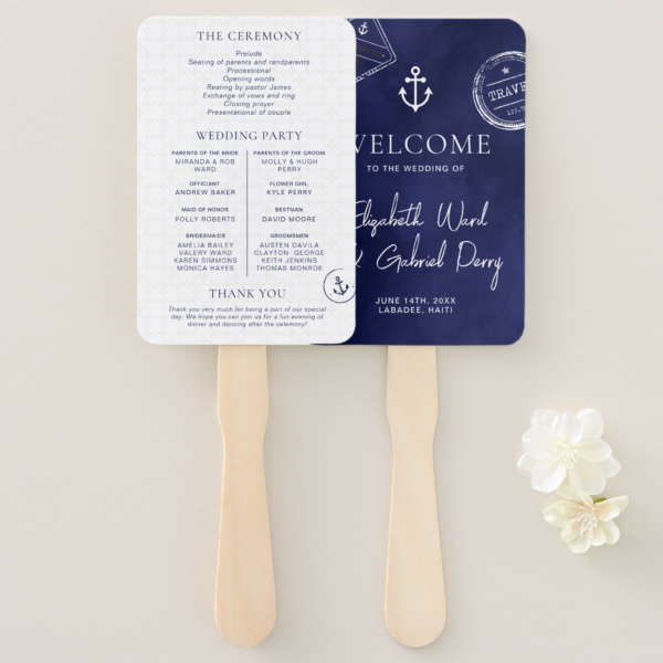 Navy Blue Cruise Destination Wedding Program Hand Fan