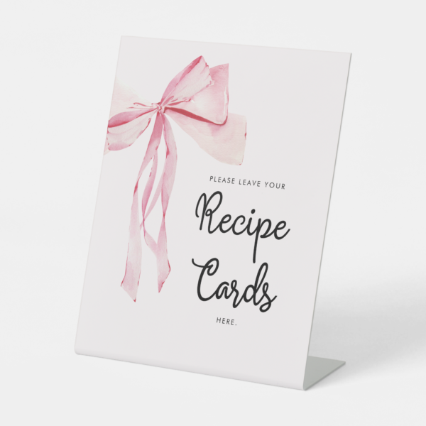 Pink Bow Recipe Cards Bridal Shower Pedestal Sign