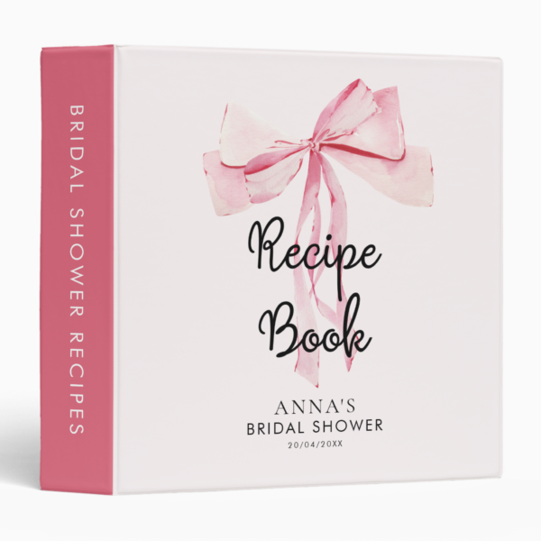 Recipe Book Pink Bow Bridal Shower 3 Ring Binder